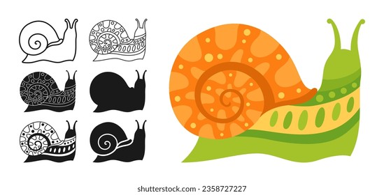 Snail with trendy ornament set. Funny mollusk silhouette shape or symbol, doodle tattoo, stamp or linear ornate snails cartoon collection. Happy comic abstract slug kid design. Detailed child vector