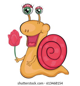 Snail with a tulip. Clip art for children. Isolated image on white background.