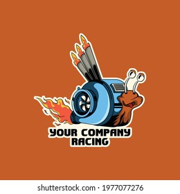 Snail with turbos speed and exhaust flame nitrous oxide character vector illustration isolated