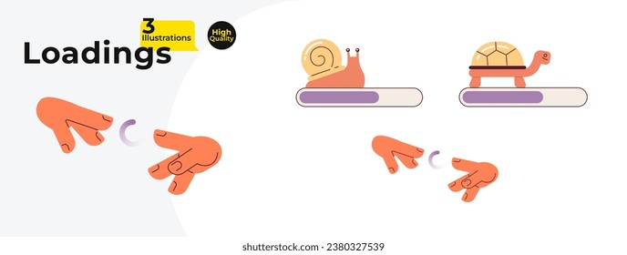 Barras de carga de tortugas de caracol, paquete de ilustración vectorial de hilatura. Dos manos extendiéndose. Cargadores web ui ux. Por favor, espere. Colección gráfica de interfaz de usuario. Diseño plano de dibujos animados sobre fondo blanco