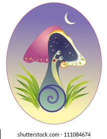 "Snail under a mushroom at night"