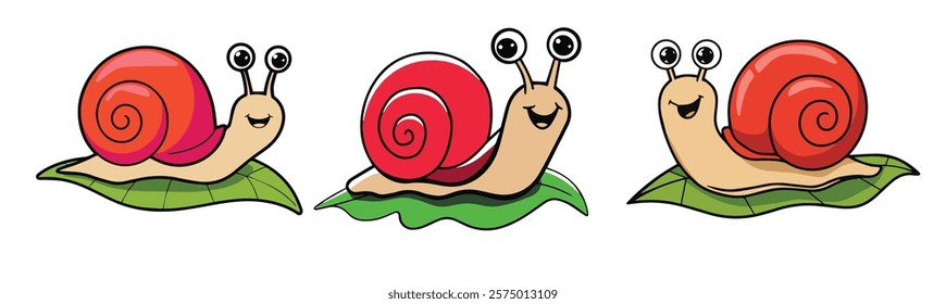 Snail vector isolated icon Emoji, Snail snail with a bright red shell. snail is moving forward on a green leaf.