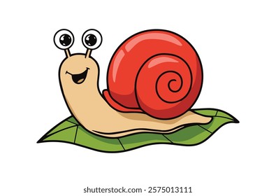 Snail vector isolated icon Emoji, Snail snail with a bright red shell. snail is moving forward on a green leaf.