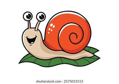 Snail vector isolated icon Emoji, Snail snail with a bright red shell. snail is moving forward on a green leaf.