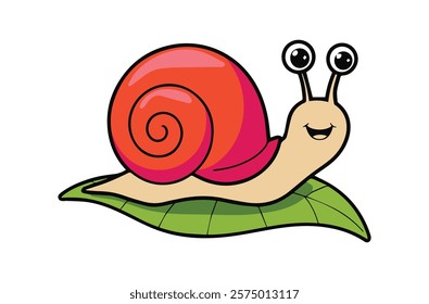 Snail vector isolated icon Emoji, Snail snail with a bright red shell. snail is moving forward on a green leaf.