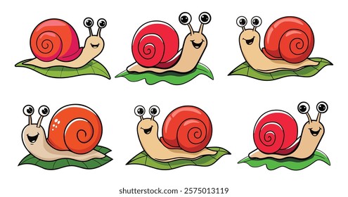 Snail vector isolated icon Emoji, Snail snail with a bright red shell. snail is moving forward on a green leaf.