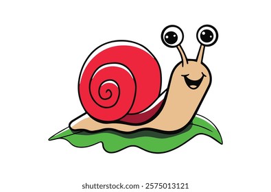 Snail vector isolated icon Emoji, Snail snail with a bright red shell. snail is moving forward on a green leaf.