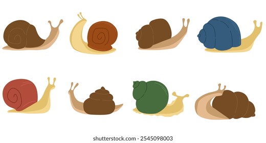 Snail vector set. Collection of colorful Escargot in a flat vector. Illustration for cosmetics with snail mucin. Small Slow animals in shell cartoon style.