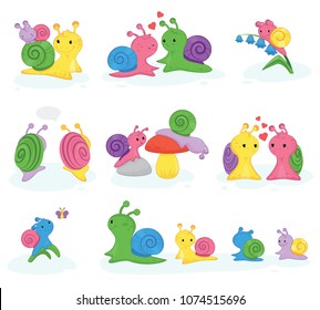 Snail vector snail-shaped character with shell and cartoon snailfish or snail-like mollusk kids illustration set of lovely couple of snail-paced slugs isolated on white background