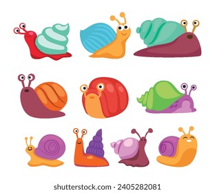 Snail vector snail-shaped character with shell and cartoon snailfish or snail-like mollusk kids illustration, cute snail set collection isolated on white background. Vector illustration