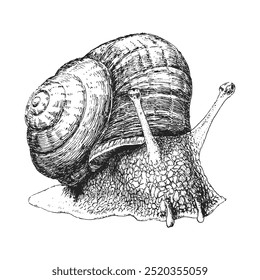 Snail, vintage graphic illustration in vector, drawing in engraving style