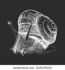 Snail, vintage graphic illustration in vector, drawing in engraving style