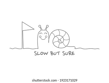 Snail walking slowly to the winning flag vector illustration cartoon. Cute easy snail outline cartoon. Cute business concept vector. Easy line cartoon.