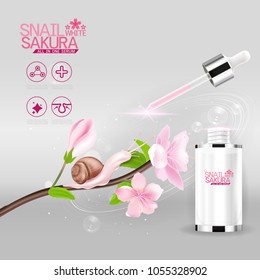 snail White Sakura Serum or Collagen Vitamin and Background Vector Skin Care Cosmetic.
