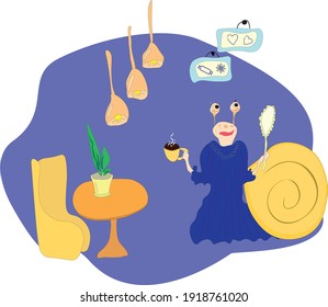 Snail woman puts on cosmetic skin care eye patches and drinks coffee in a cozy cafe.