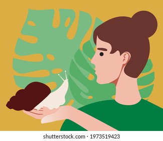 A snail in a woman's hand. Flat vector stock illustration. Cosmetology snail for spa. Breeding of achatina snails. Snail mucus for skin care. Illusion with leaves of exotic plants. Vector graphics