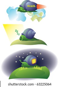 Snail-postman, sleeping snail and snail-home on the white background