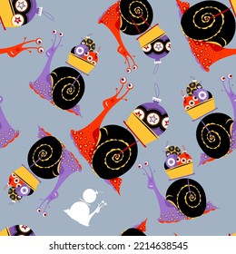 Snails carry baskets with Christmas balls. Seamless background pattern. Vector illustration

