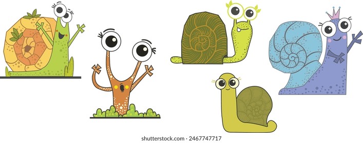 snails cartoon, snail with big cute eye,design element png set isolated.