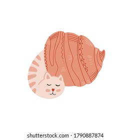 Snails Cat isolated on background. Cartoon animal character. Vector illustration for poster design, kids print, greeting card, social media post. For cards, textile.