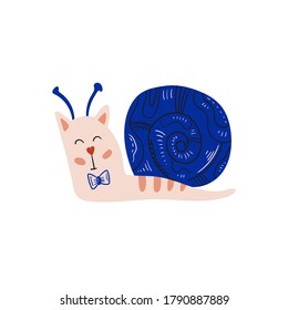 Snails Cat isolated on background. Cartoon animal character. Vector illustration for poster design, kids print, greeting card, social media post. For cards, textile.