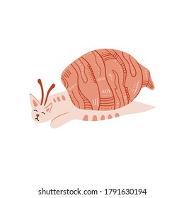 Snails Cat isolated on background. Cartoon animal character. Vector illustration for poster design, kids print, greeting card, social media post. For cards, textile.