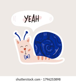 Snails Cat isolated on background. Cartoon animal character. Vector illustration for poster design, kids print, greeting card, social media post. For cards, textile.