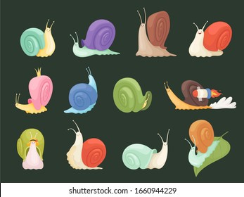 Snails Characters. Cartoon Insects With Spiral House Shell Slug Slime Vector Illustrations