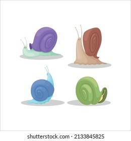 Snails Characters Cartoon Insects With Spiral House Shell Slug Slime Illustration Vector.