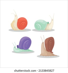 Snails Characters Cartoon Insects With Spiral House Shell Slug Slime Illustration Vector.