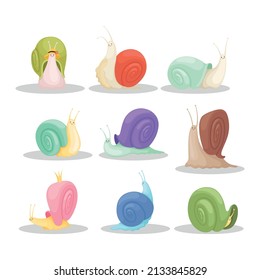 Snails Characters Cartoon Insects With Spiral House Shell Slug Slime Illustration Vector.