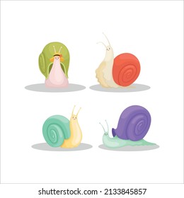 Snails Characters Cartoon Insects With Spiral House Shell Slug Slime Illustration Vector.