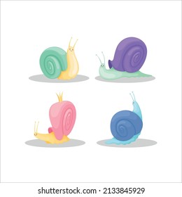 Snails Characters Cartoon Insects With Spiral House Shell Slug Slime Illustration Vector.