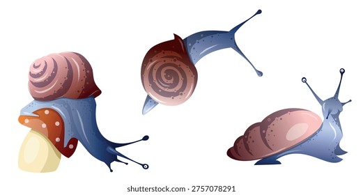 Snails crawl around on a white background during a sunny day in a garden