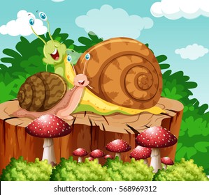 Snails crawling in garden illustration
