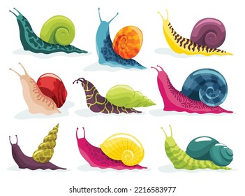 Snails crawling set. Collection snailfish colour shell. Colourful mollusk characters isolated in cartoon style. Multicolored slugs, gastropods, snail-shaped for kids design or speed snail-paced