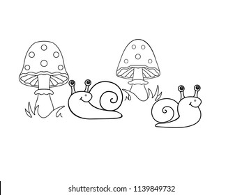 Snails and fly agarics. Funny snails under mushrooms. Two snails crawl under the mushrooms. Line drawing for coloring. Outline. 
hand drawing
