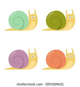Snails in four colours on white background cartoon style