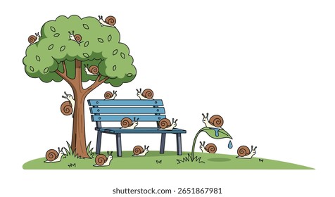 Snails gather under the shade of a lush tree on a sunny day