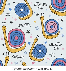 Snails, hand drawn colored backdrop. Colorful seamless pattern with animals, stars, hearts. Decorative cute wallpaper, good for printing. Overlapping background vector, happy cochleas