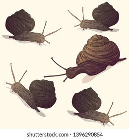 Snails. Illustration of an animal carrying a house on itself. Seamless pattern.
Vector image.