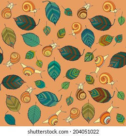Snails and leaves seamless pattern.