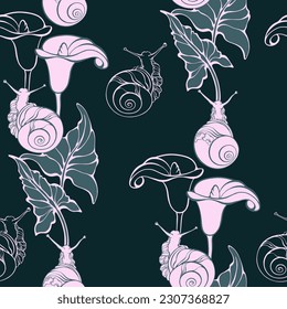 Caracoles y lirios. Patrón sin foco con caracol y flor. Ilustración vectorial.
