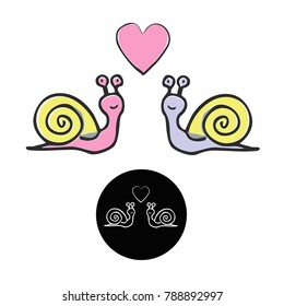 Snails look at each other and above them the heart, the style of doodle vector.