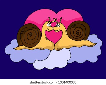 Snails in love on the background of the heart. For Valentine s Day greeting card, poster.