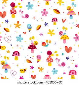 snails mushrooms flowers hearts cute little characters nature seamless pattern