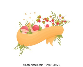 Snails, mushrooms and flowers on an orange ribbon. Vector illustration on white background.