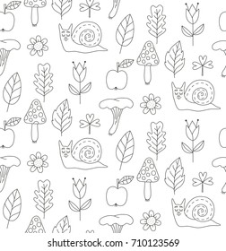 Snails mushrooms leafs doodle black and white seamless vector pattern