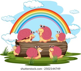 Snails on log with rainbow background