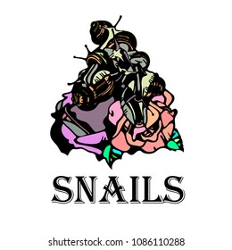 Snails on roses with the word snails.